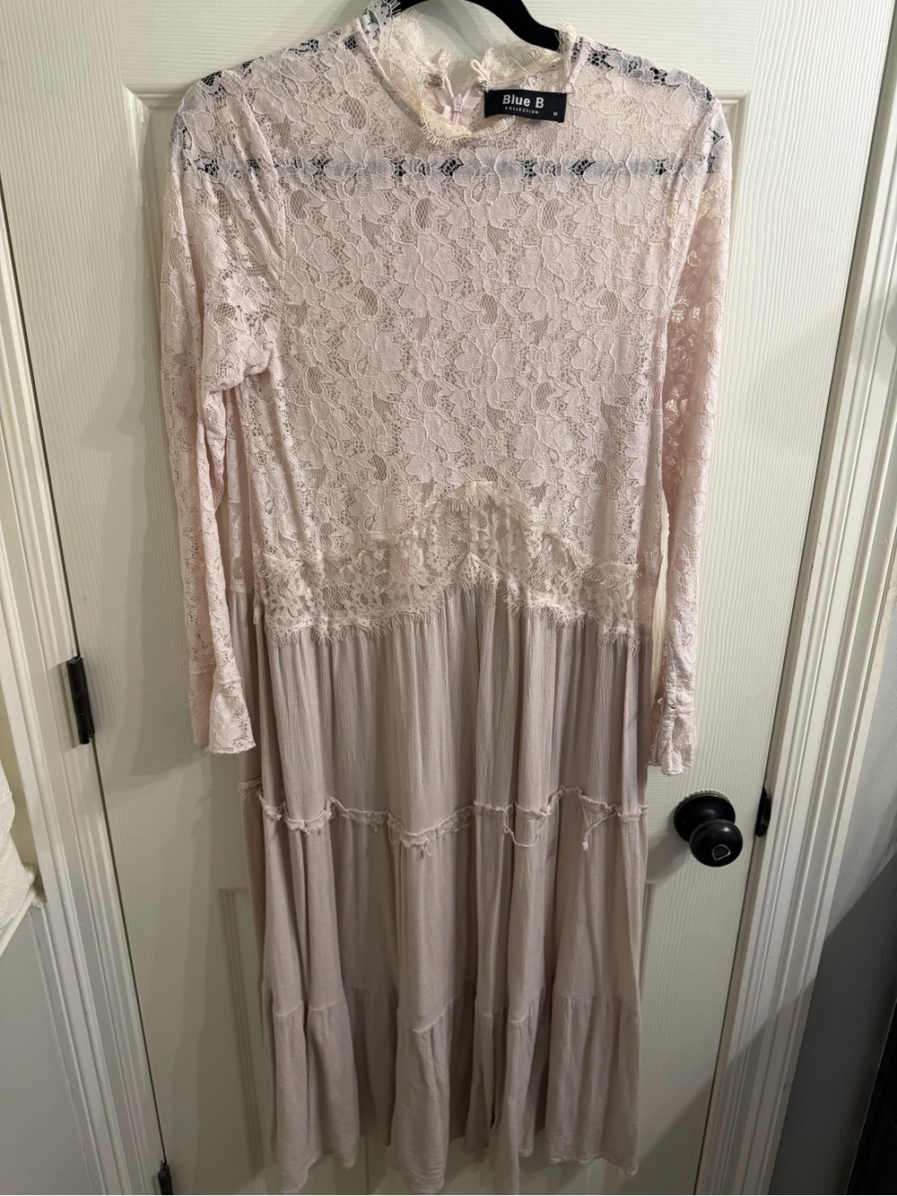 Pale Pink Lace-Top Long Sleeve Maxi Dress